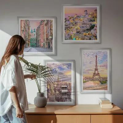 New York Paris Oia Warschau Dämmerung Wandbild als Polyptychon mit Rahmen