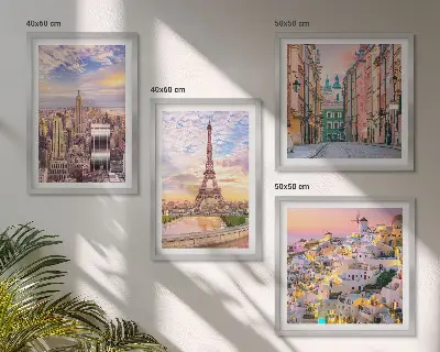 New York Paris Oia Warschau Dämmerung Wandbild als Polyptychon mit Rahmen
