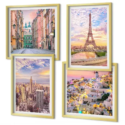 New York Paris Oia Warschau Dämmerung Wandbild als Polyptychon mit Rahmen