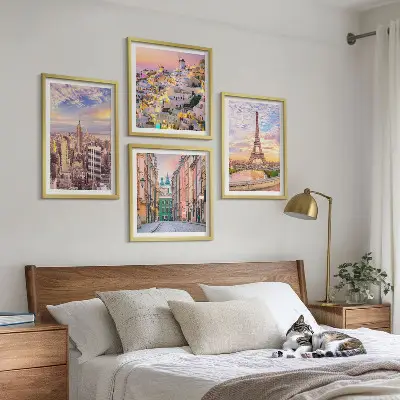 New York Paris Oia Warschau Dämmerung Wandbild als Polyptychon mit Rahmen