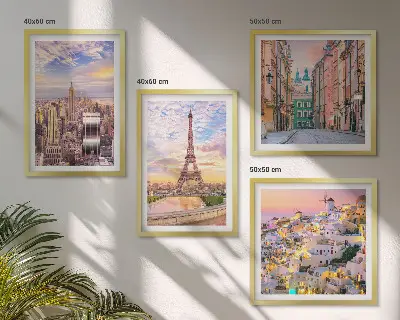 New York Paris Oia Warschau Dämmerung Wandbild als Polyptychon mit Rahmen