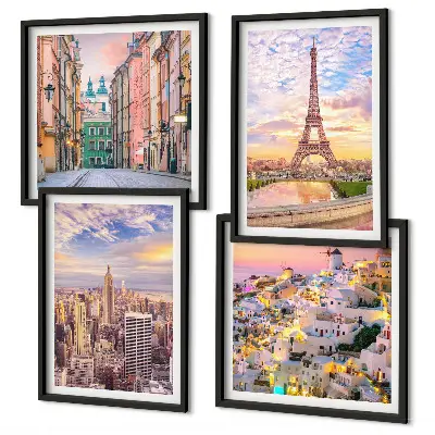 New York Paris Oia Warschau Dämmerung Wandbild als Polyptychon mit Rahmen