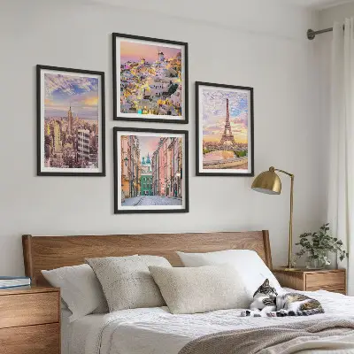 New York Paris Oia Warschau Dämmerung Wandbild als Polyptychon mit Rahmen
