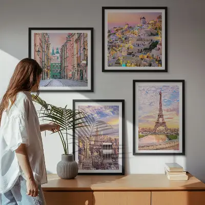 New York Paris Oia Warschau Dämmerung Wandbild als Polyptychon mit Rahmen