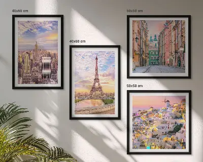 New York Paris Oia Warschau Dämmerung Wandbild als Polyptychon mit Rahmen