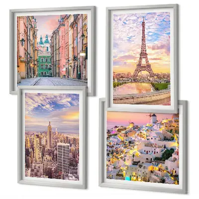 New York Paris Oia Warschau Dämmerung Wandbild als Polyptychon mit Rahmen