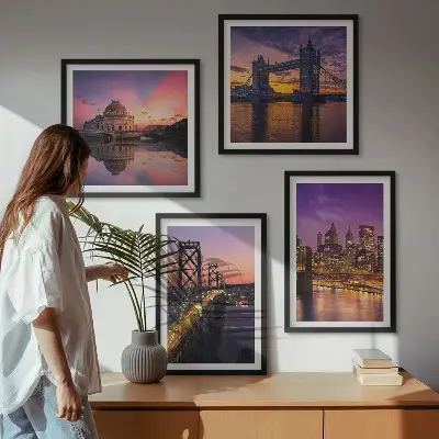 Wanddeko-Set mit Brücken, Sonne und Stadtblick