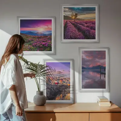 Sonnenuntergang auf Lavendelfeldern als gerahmtes Polyptychon