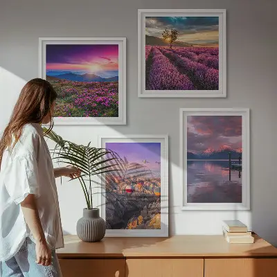 Sonnenuntergang auf Lavendelfeldern als gerahmtes Polyptychon