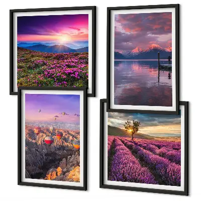 Sonnenuntergang auf Lavendelfeldern als gerahmtes Polyptychon