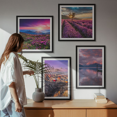 Polyptychon mit rahmen Sonnenuntergang auf Lavendelfeldern