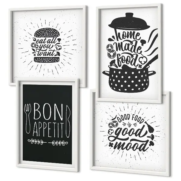 Wanddeko-Set mit Grafiken von Lebensmitteln und kulinarischen Slogans