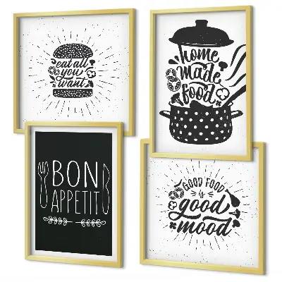 Wanddeko-Set mit Grafiken von Lebensmitteln und kulinarischen Slogans