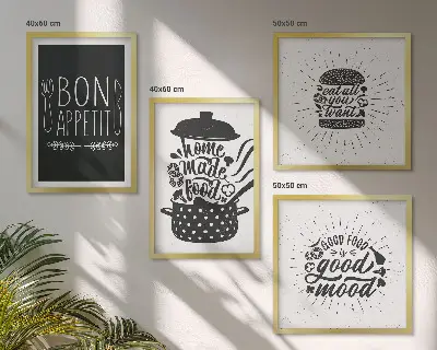 Wanddeko-Set mit Grafiken von Lebensmitteln und kulinarischen Slogans