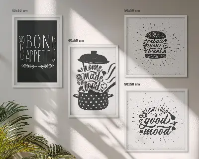 Wanddeko-Set mit Grafiken von Lebensmitteln und kulinarischen Slogans