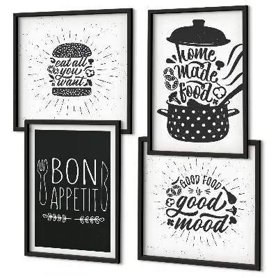 Wanddeko-Set mit Grafiken von Lebensmitteln und kulinarischen Slogans