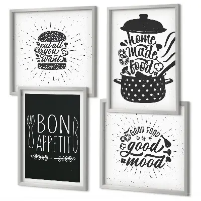 Wanddeko-Set mit Grafiken von Lebensmitteln und kulinarischen Slogans