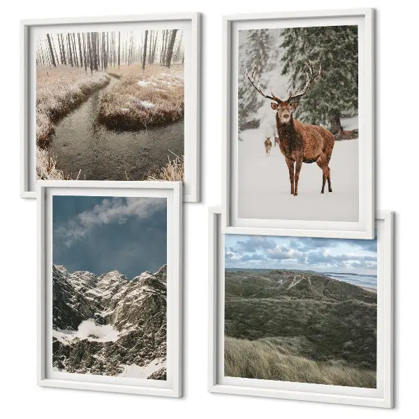 Wanddeko-Set mit Bergen, Schnee, Hirschen und Waldlandschaft