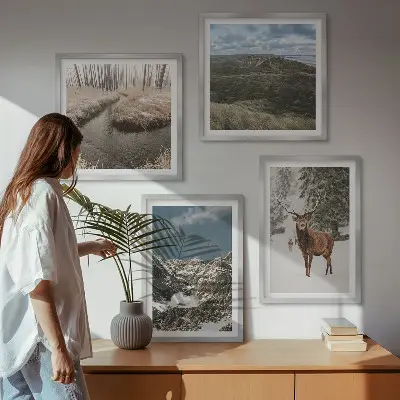 Wanddeko-Set mit Bergen, Schnee, Hirschen und Waldlandschaft