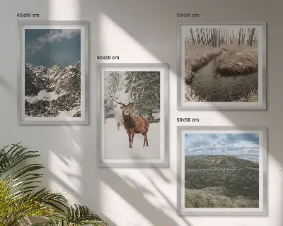 Wanddeko-Set mit Bergen, Schnee, Hirschen und Waldlandschaft