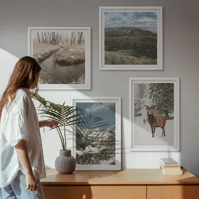 Wanddeko-Set mit Bergen, Schnee, Hirschen und Waldlandschaft