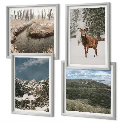 Wanddeko-Set mit Bergen, Schnee, Hirschen und Waldlandschaft