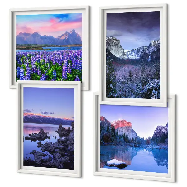 Wanddeko-Set mit Berglandschaften, Wasser und Blumenfeld