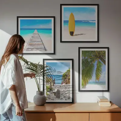 Polyptychon Urlaubsblick Strand Palmen mit Rahmen