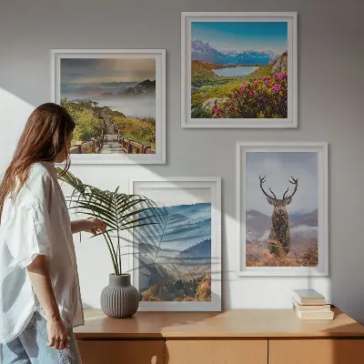 Wanddeko-Set Berglandschaft mit See und Hirschen