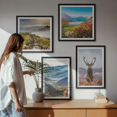 Wanddeko-Set Berglandschaft mit See und Hirschen