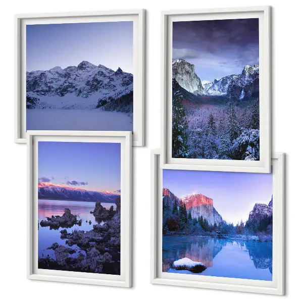 Wandbild Berglandschaft mit Sonnenuntergang am Wasser als gerahmtes Polyptychon