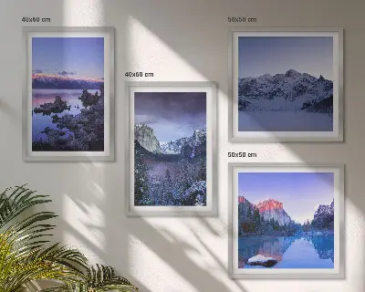 Wandbild Berglandschaft mit Sonnenuntergang am Wasser als gerahmtes Polyptychon