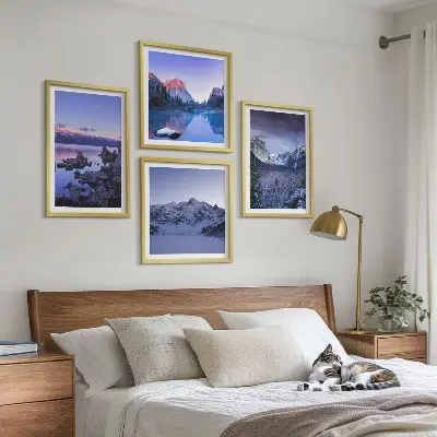 Wandbild Berglandschaft mit Sonnenuntergang am Wasser als gerahmtes Polyptychon
