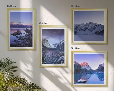 Wandbild Berglandschaft mit Sonnenuntergang am Wasser als gerahmtes Polyptychon