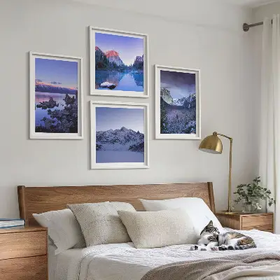 Wandbild Berglandschaft mit Sonnenuntergang am Wasser als gerahmtes Polyptychon