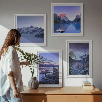 Wandbild Berglandschaft mit Sonnenuntergang am Wasser als gerahmtes Polyptychon