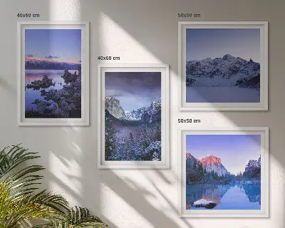Wandbild Berglandschaft mit Sonnenuntergang am Wasser als gerahmtes Polyptychon