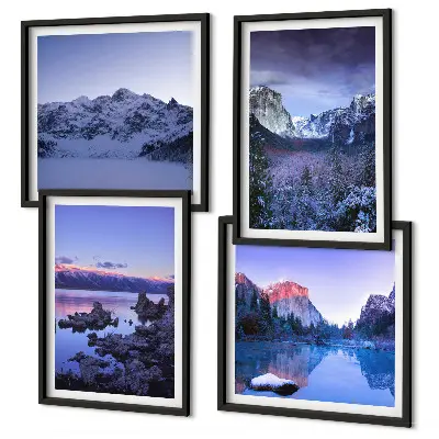 Wandbild Berglandschaft mit Sonnenuntergang am Wasser als gerahmtes Polyptychon