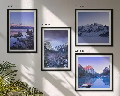Wandbild Berglandschaft mit Sonnenuntergang am Wasser als gerahmtes Polyptychon