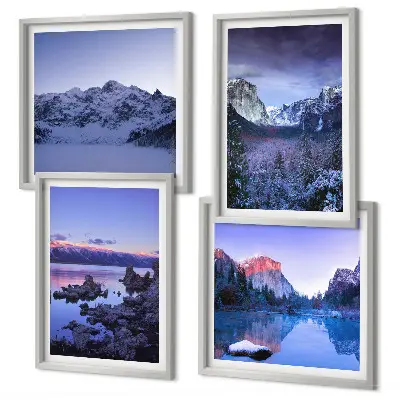 Wandbild Berglandschaft mit Sonnenuntergang am Wasser als gerahmtes Polyptychon
