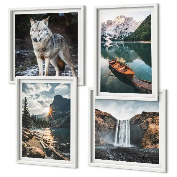 Polyptychon mit Rahmen mit Motiven von Bergen, Seen, Wasserfall und Wolf