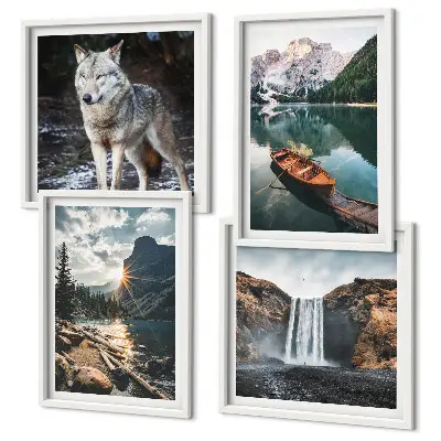 Polyptychon mit Rahmen mit Motiven von Bergen, Seen, Wasserfall und Wolf