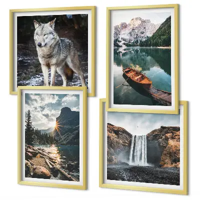 Polyptychon mit Rahmen mit Motiven von Bergen, Seen, Wasserfall und Wolf