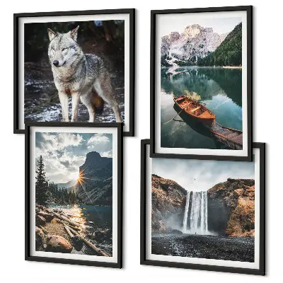 Polyptychon mit Rahmen mit Motiven von Bergen, Seen, Wasserfall und Wolf