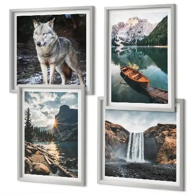Polyptychon mit Rahmen mit Motiven von Bergen, Seen, Wasserfall und Wolf