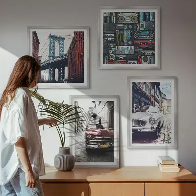 Old Cars Brooklyn Retro-Audio Wandbild als Polyptychon mit Rahmen