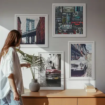 Old Cars Brooklyn Retro-Audio Wandbild als Polyptychon mit Rahmen