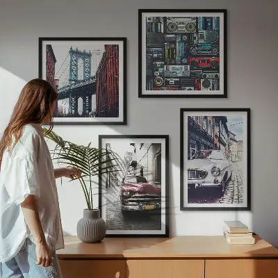 Old Cars Brooklyn Retro-Audio Wandbild als Polyptychon mit Rahmen