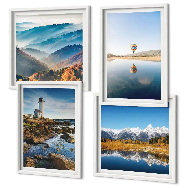 Wanddeko-Set mit Ausblicken auf die Natur, Leuchtturm und Berge