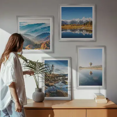 Wanddeko-Set mit Ausblicken auf die Natur, Leuchtturm und Berge